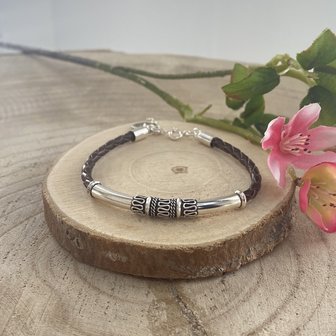 Bruine leren armband met zilver