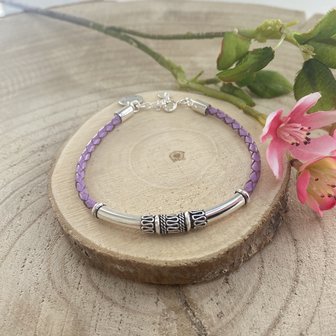 Lila leren armband met zilver